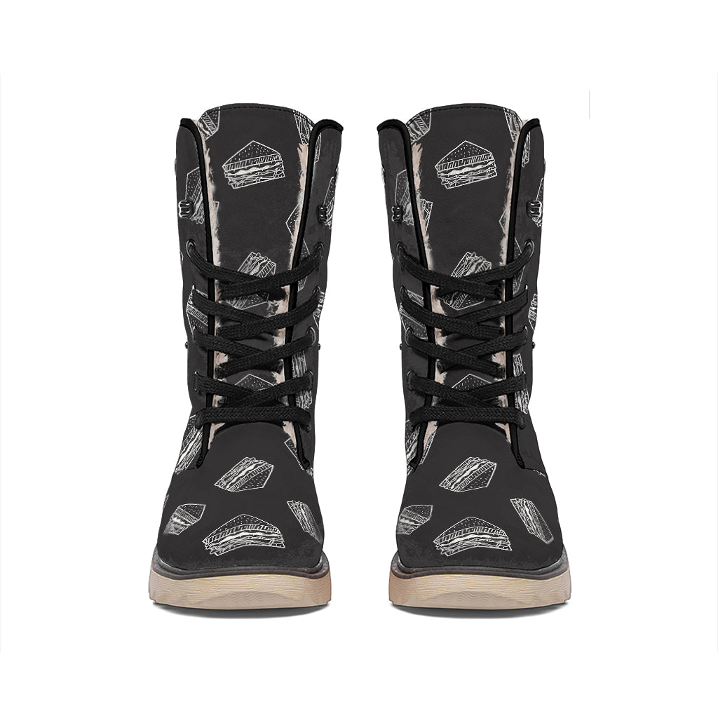 Black Doodle Sandwich Pattern Print Winter Boots