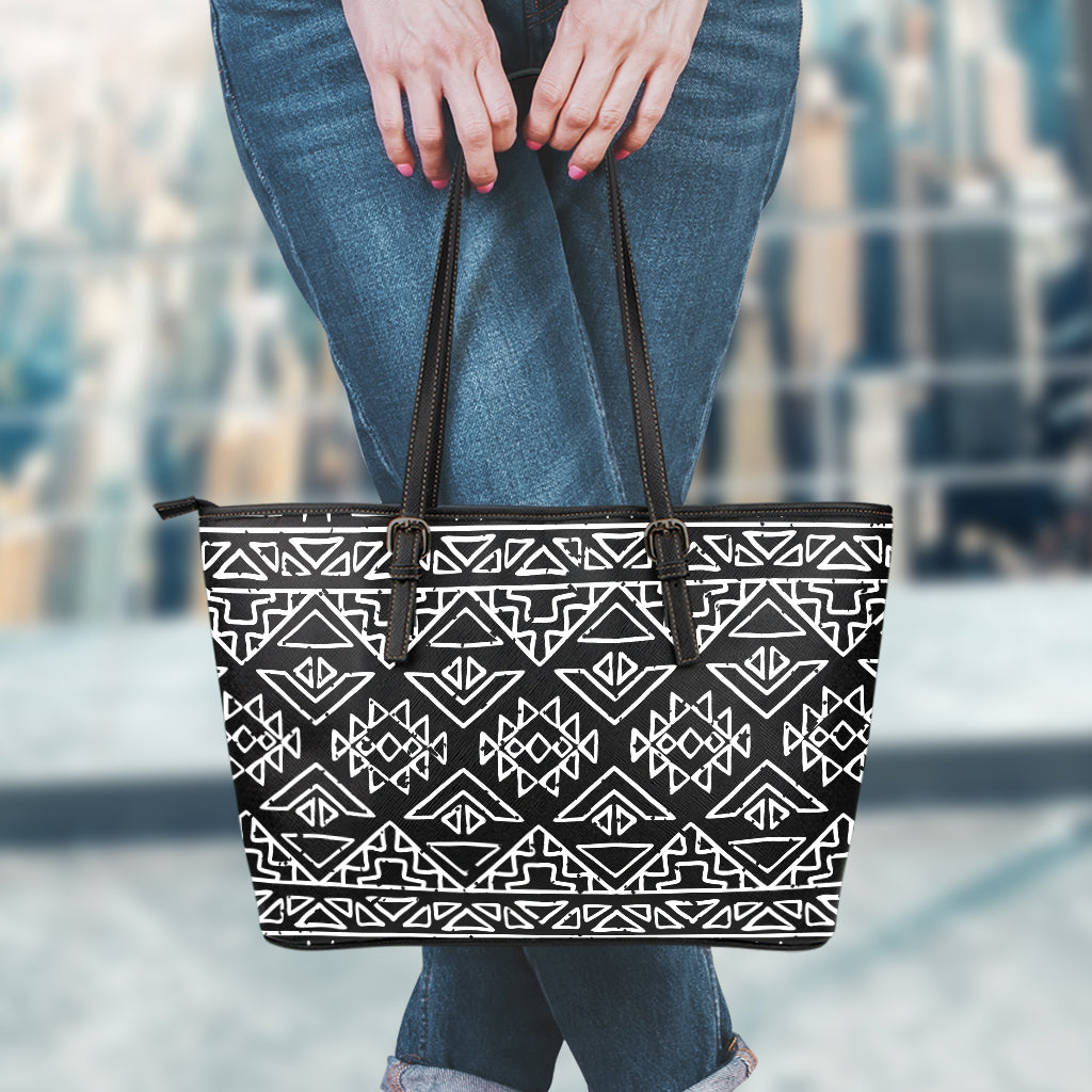 Black Ethnic Aztec Pattern Print Leather Tote Bag