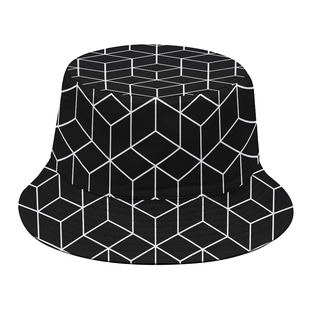 Black Geometric Cube Shape Pattern Print Bucket Hat