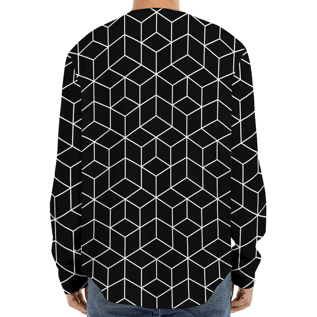 Black Geometric Cube Shape Pattern Print Long Sleeve Baseball Jersey