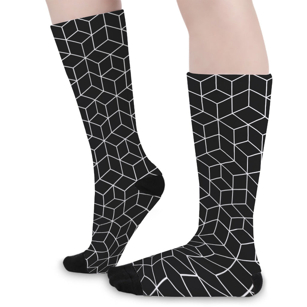 Black Geometric Cube Shape Pattern Print Long Socks