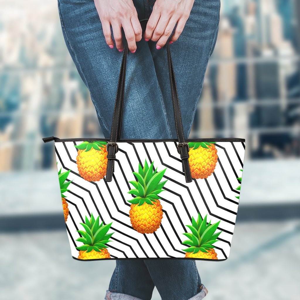 Black Geometric Pineapple Pattern Print Leather Tote Bag