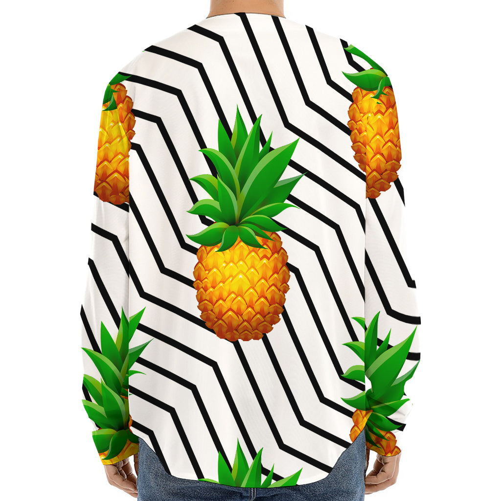 Black Geometric Pineapple Pattern Print Long Sleeve Baseball Jersey