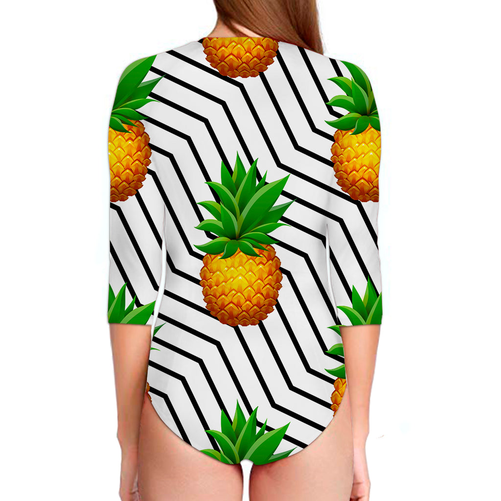 Black Geometric Pineapple Pattern Print Long Sleeve Swimsuit