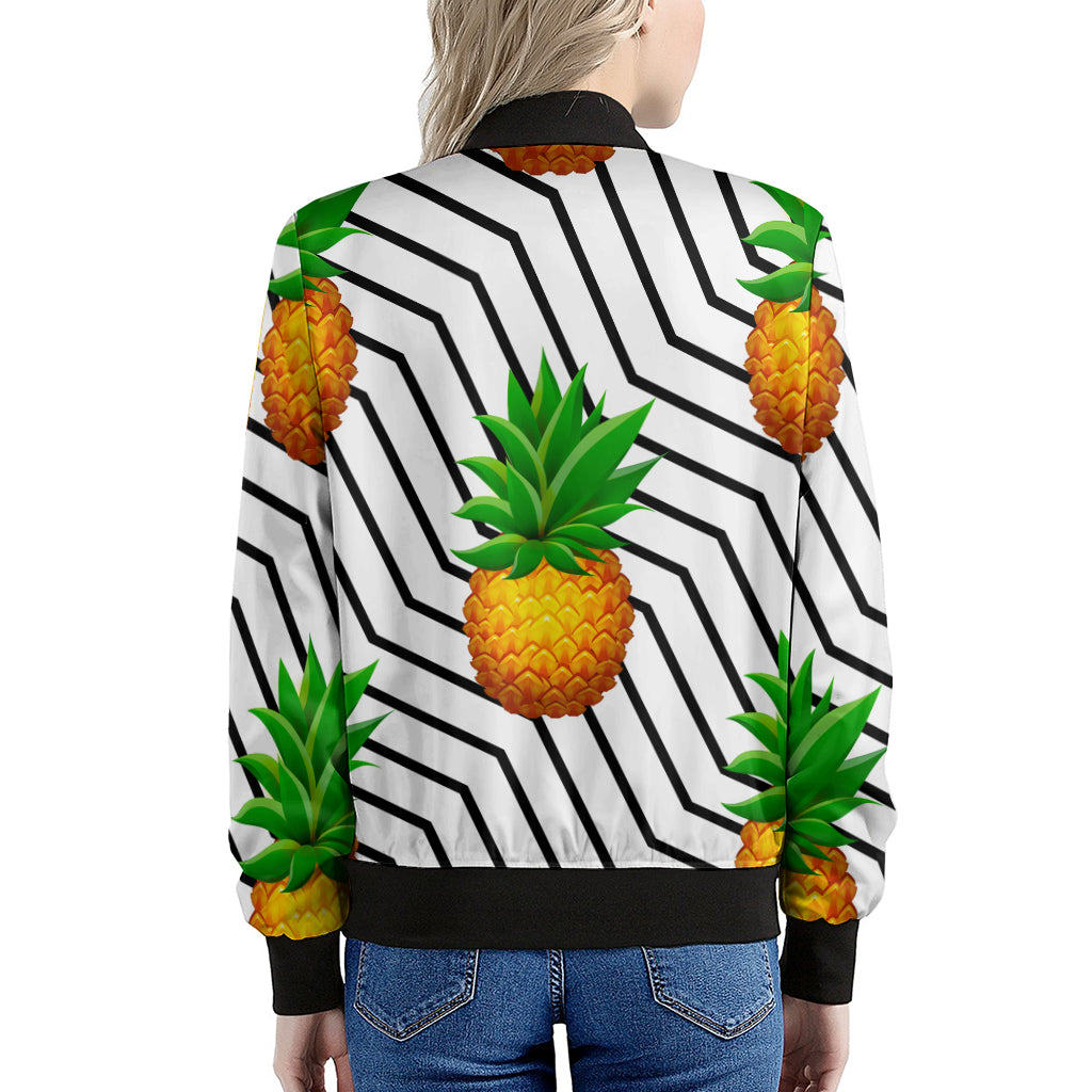 Black Geometric Pineapple Pattern Print Women's Bomber Jacket