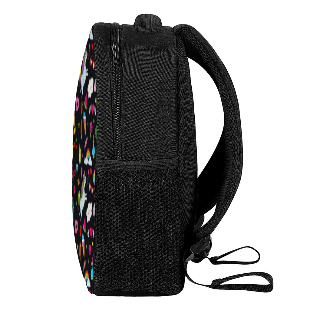 Black Girly Unicorn Pattern Print Casual Backpack