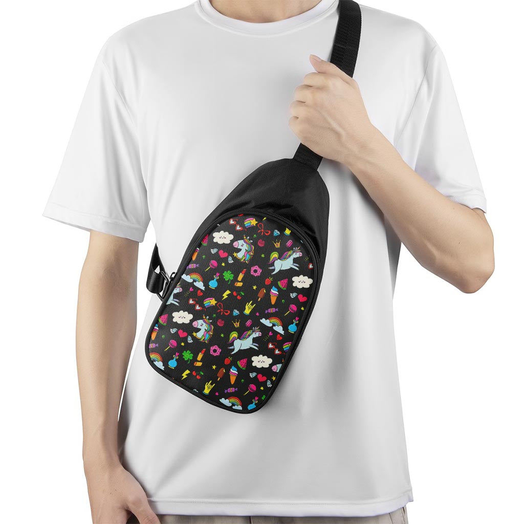 Black Girly Unicorn Pattern Print Chest Bag