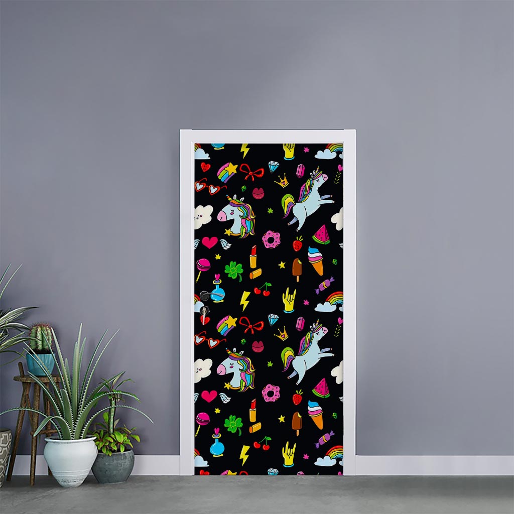 Black Girly Unicorn Pattern Print Door Sticker