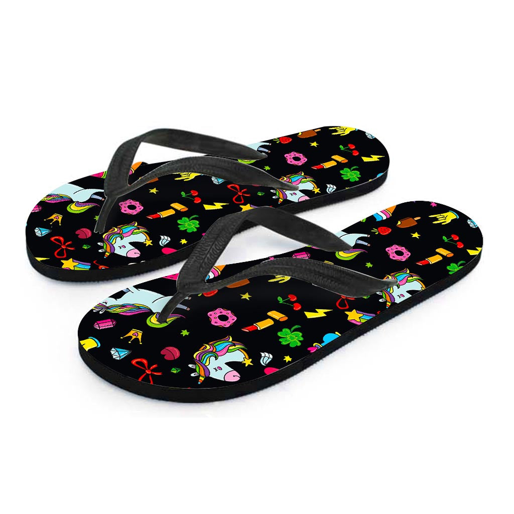 Black Girly Unicorn Pattern Print Flip Flops