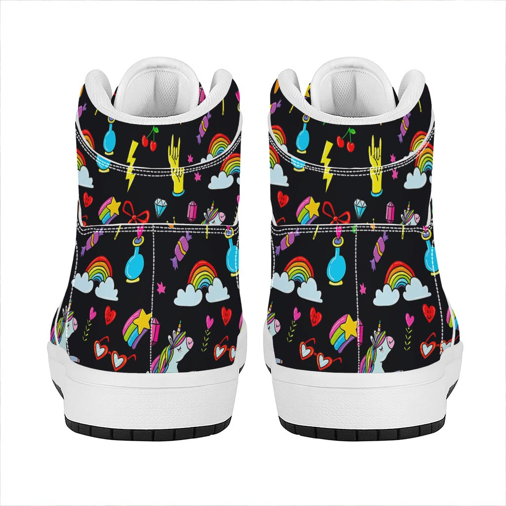 Black Girly Unicorn Pattern Print High Top Leather Sneakers