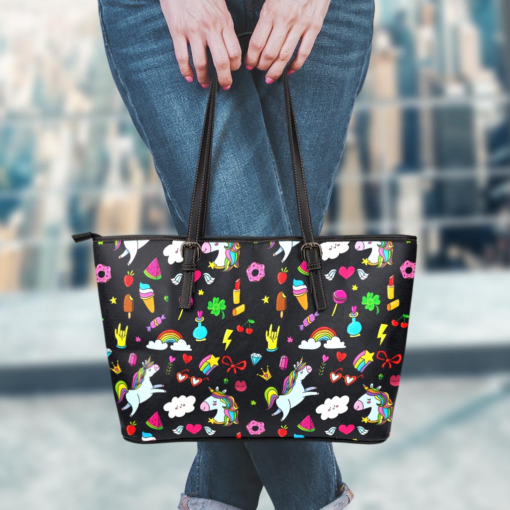 Black Girly Unicorn Pattern Print Leather Tote Bag