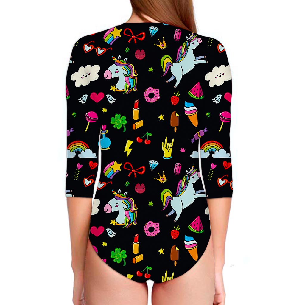 Black Girly Unicorn Pattern Print Long Sleeve Swimsuit
