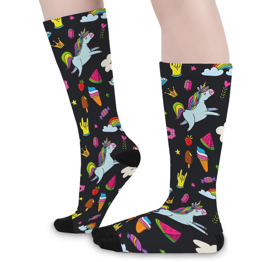 Black Girly Unicorn Pattern Print Long Socks