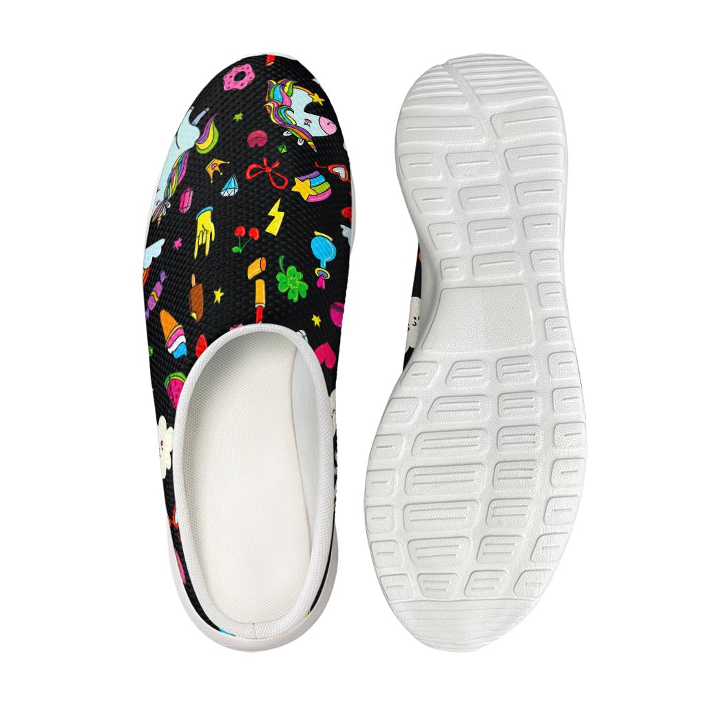 Black Girly Unicorn Pattern Print Mesh Casual Shoes