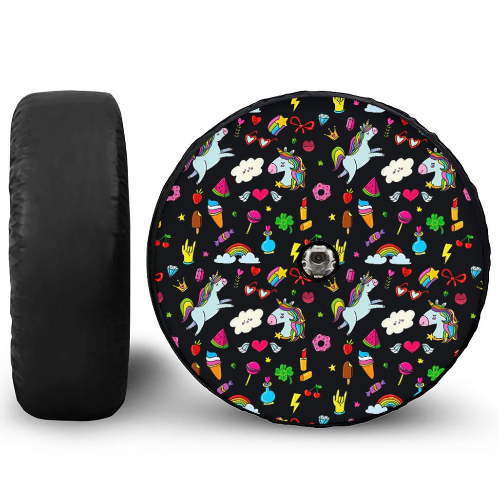 Black Girly Unicorn Pattern Print Tire Cover With Camera Hole
