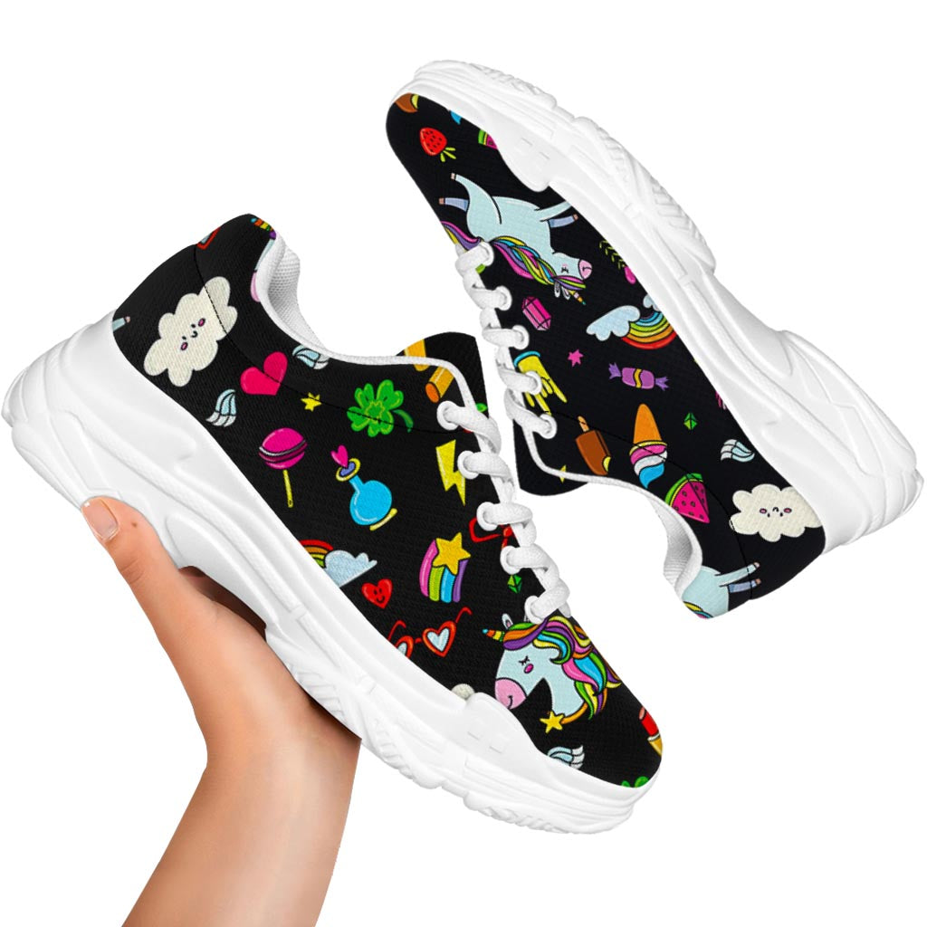 Black Girly Unicorn Pattern Print White Chunky Shoes
