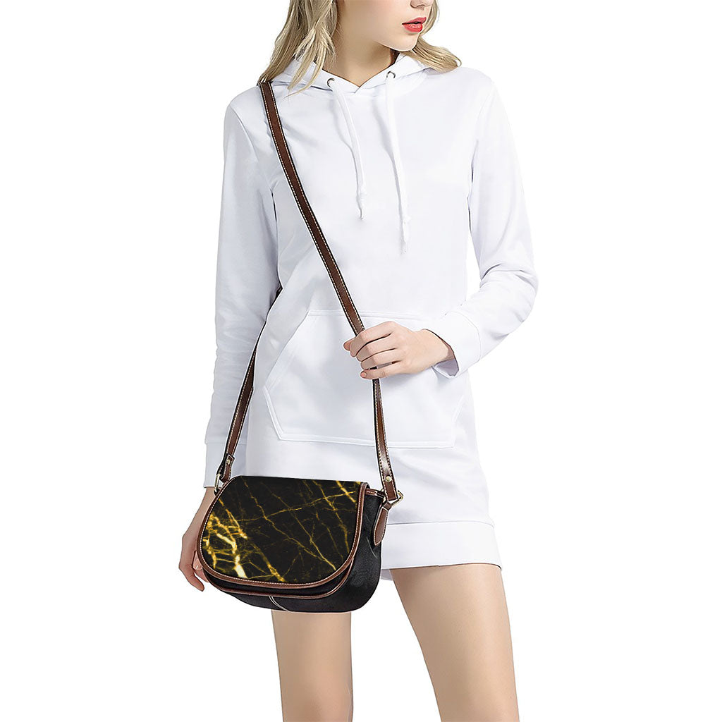 Black Gold Scratch Marble Print Saddle Bag