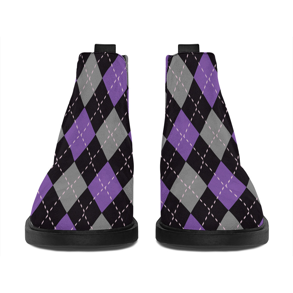 Black Grey And Purple Argyle Print Flat Ankle Boots