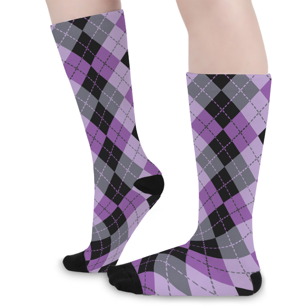 Black Grey And Violet Argyle Print Long Socks