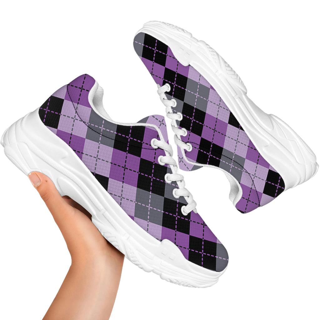 Black Grey And Violet Argyle Print White Chunky Shoes