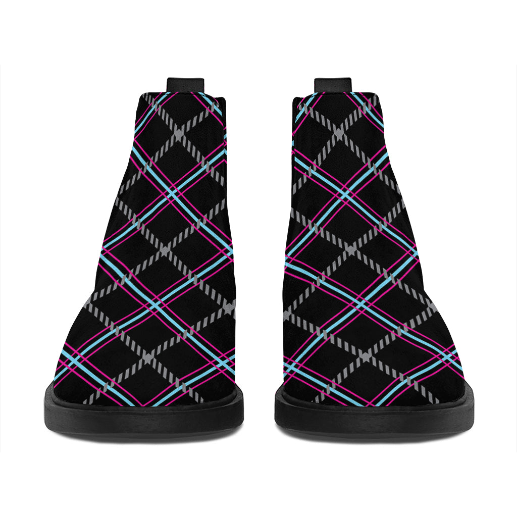 Black Grey Blue And Pink Tartan Print Flat Ankle Boots