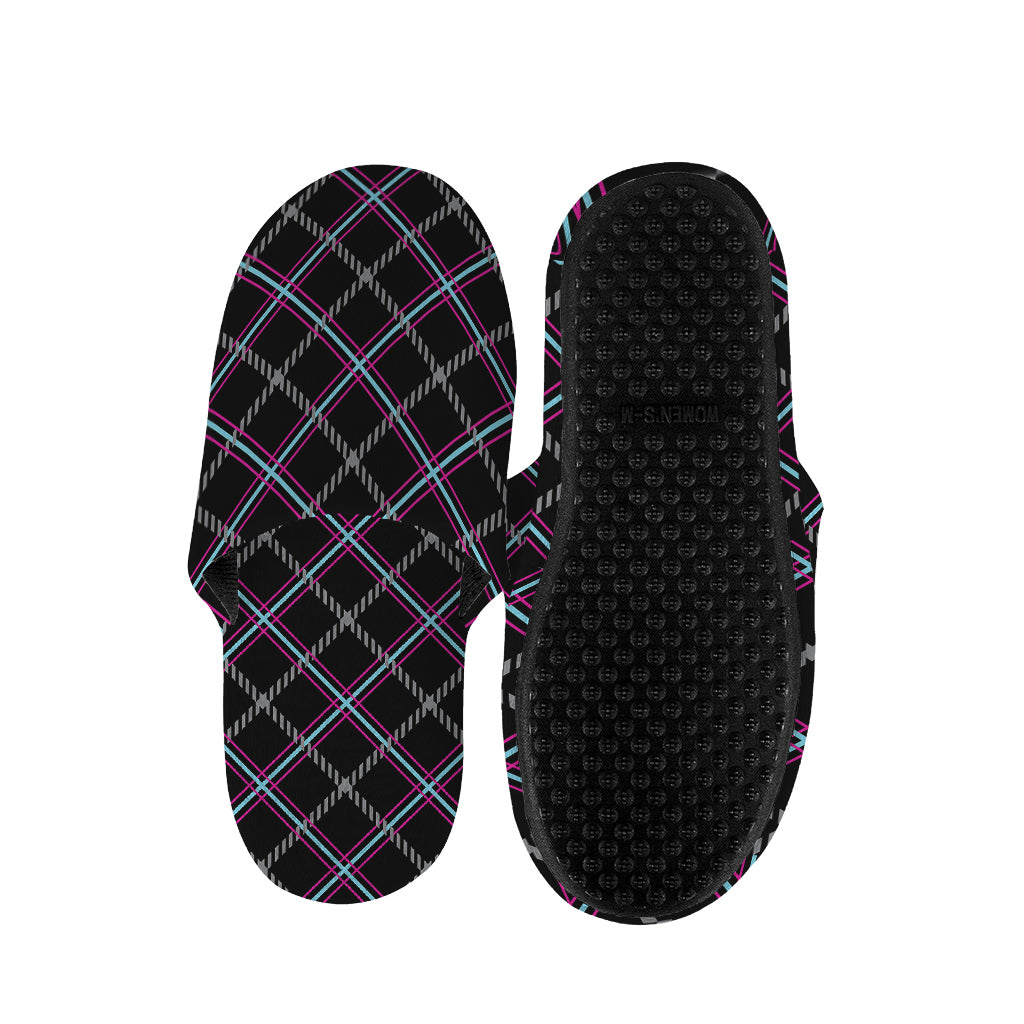 Black Grey Blue And Pink Tartan Print Slippers