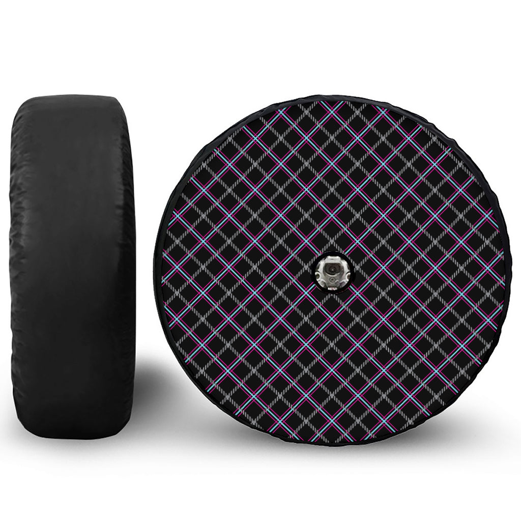 Black Grey Blue And Pink Tartan Print Tire Cover With Camera Hole