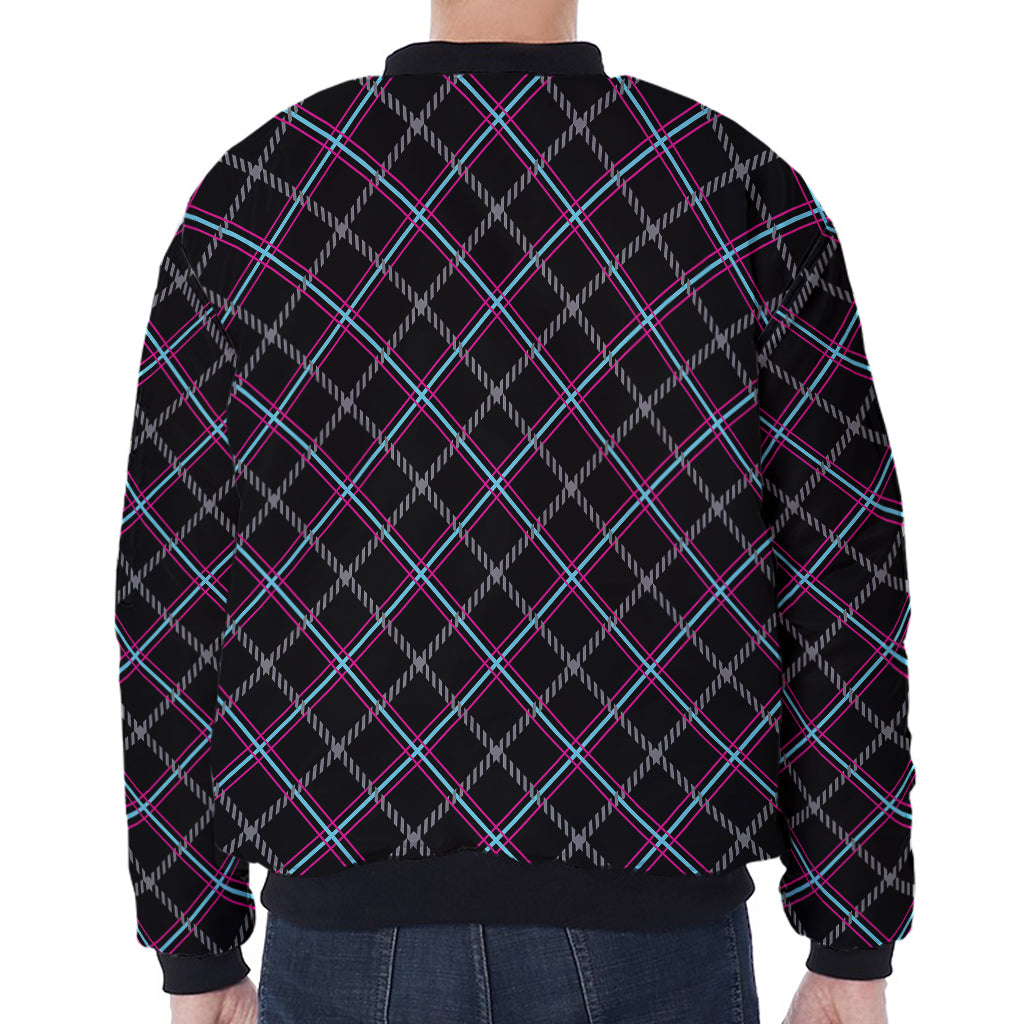 Black Grey Blue And Pink Tartan Print Zip Sleeve Bomber Jacket