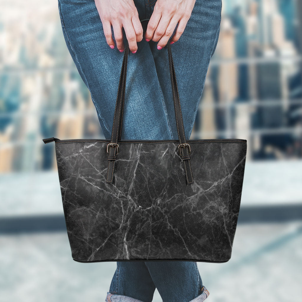 Black Grey Dark Marble Print Leather Tote Bag