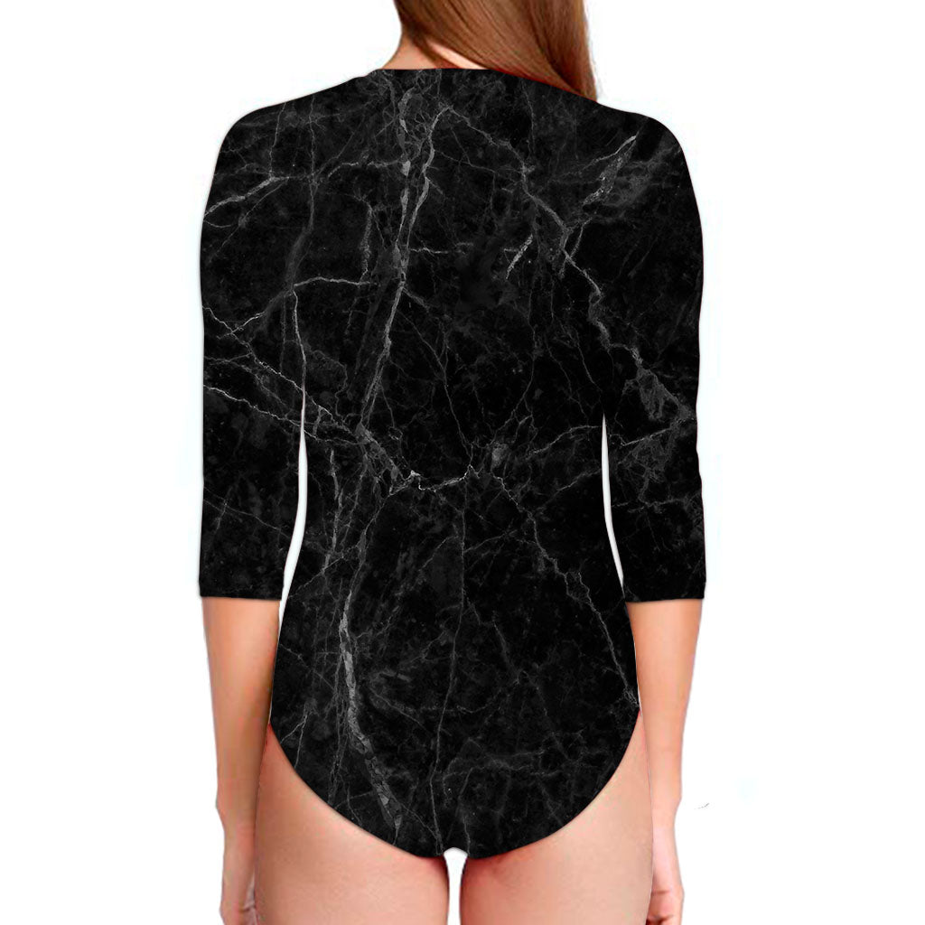 Black Grey Dark Marble Print Long Sleeve Swimsuit