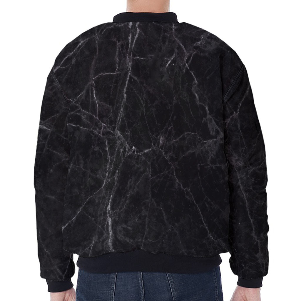 Black Grey Dark Marble Print Zip Sleeve Bomber Jacket