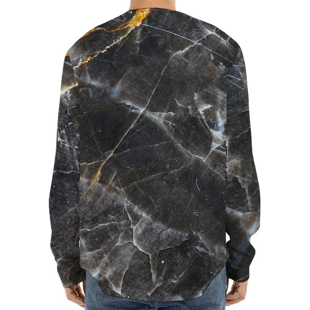 Black Grey Marble Print Long Sleeve Baseball Jersey