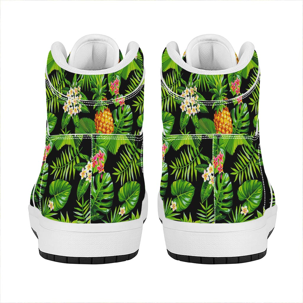 Black Hawaiian Pineapple Pattern Print High Top Leather Sneakers