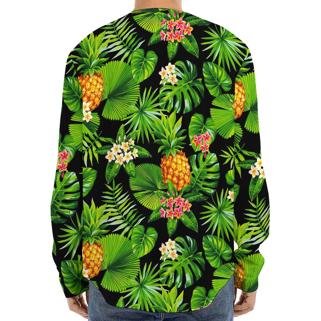 Black Hawaiian Pineapple Pattern Print Long Sleeve Baseball Jersey