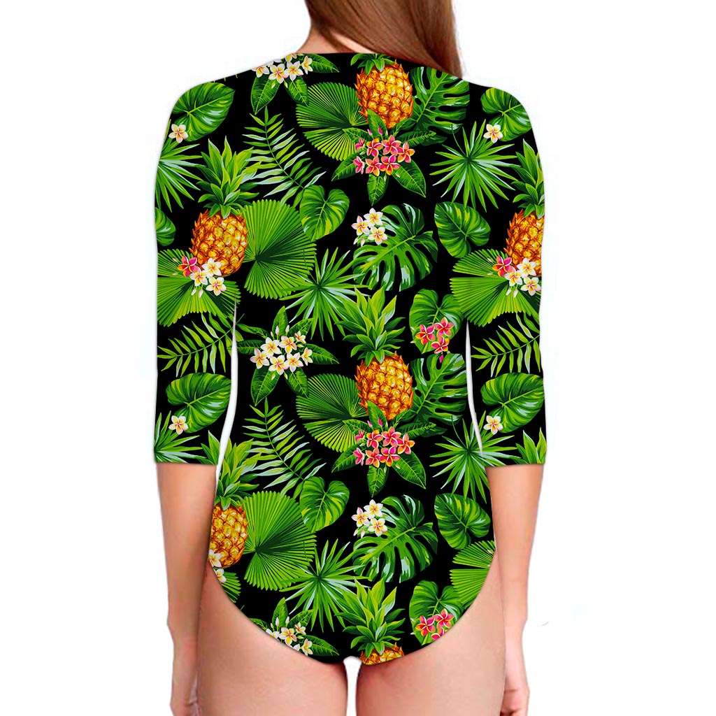 Black Hawaiian Pineapple Pattern Print Long Sleeve Swimsuit