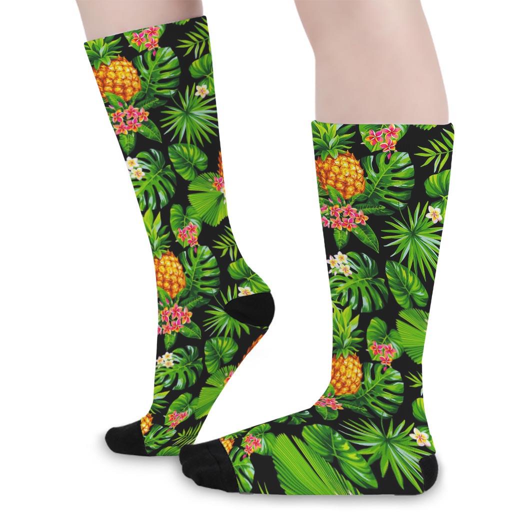 Black Hawaiian Pineapple Pattern Print Long Socks