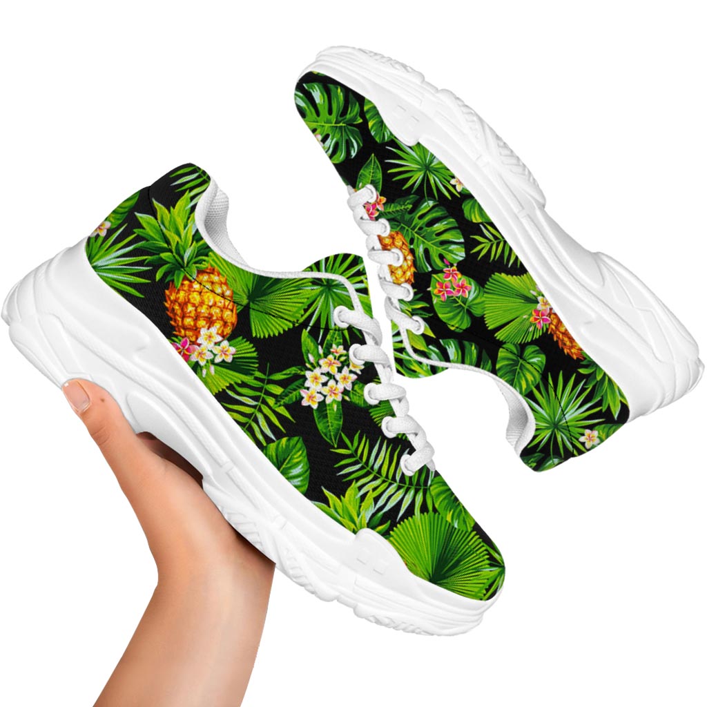 Black Hawaiian Pineapple Pattern Print White Chunky Shoes