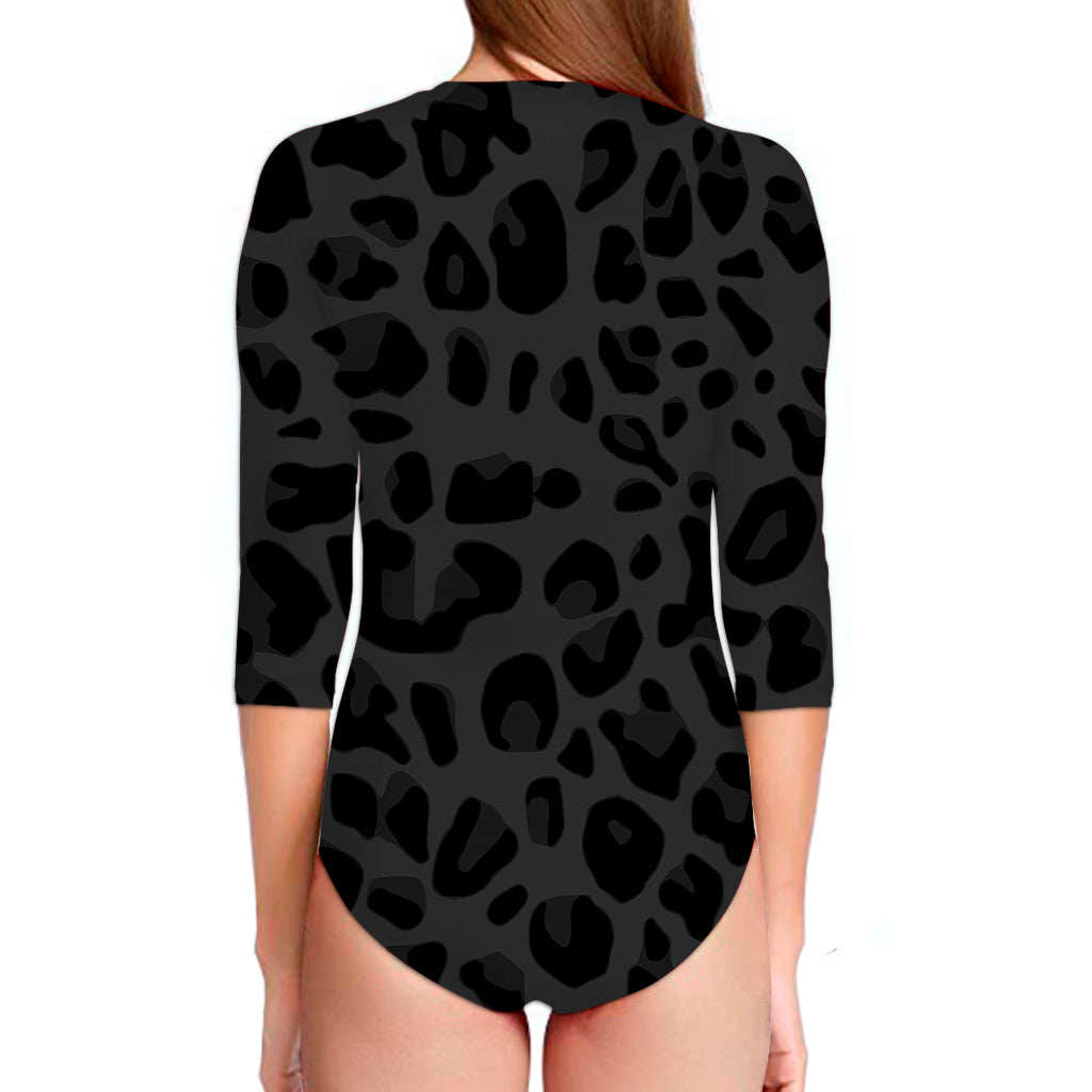 Black Leopard Print Long Sleeve Swimsuit
