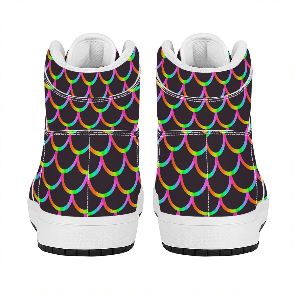 Black Mermaid Scales Pattern Print High Top Leather Sneakers