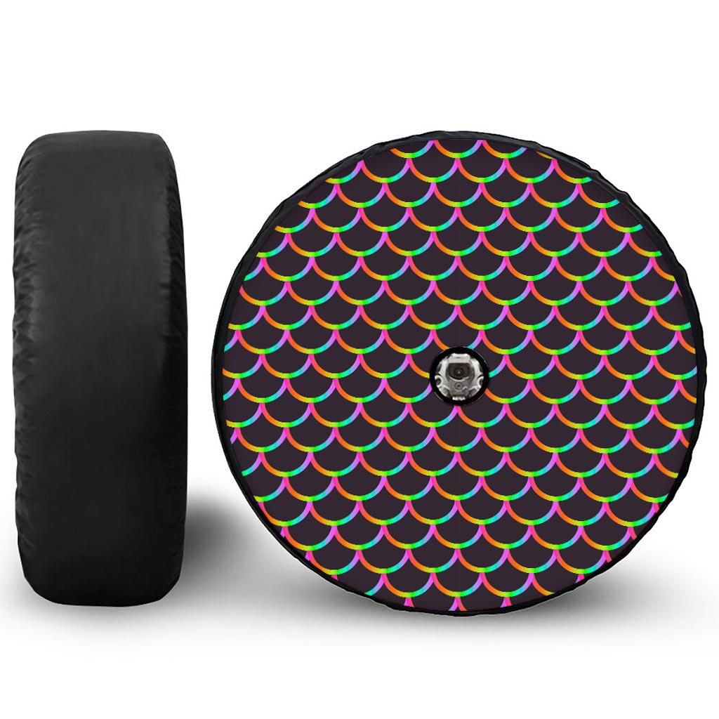Black Mermaid Scales Pattern Print Tire Cover With Camera Hole