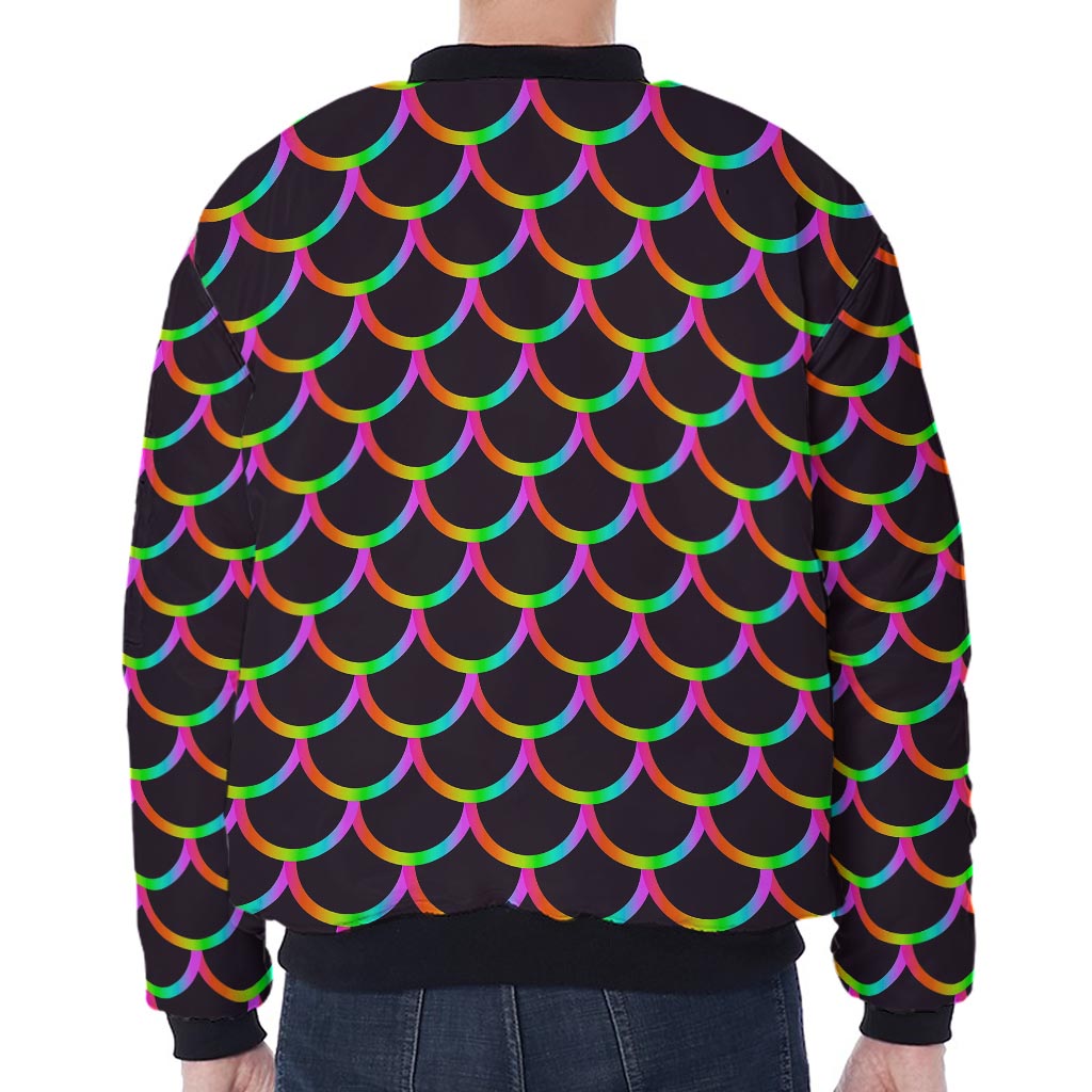 Black Mermaid Scales Pattern Print Zip Sleeve Bomber Jacket