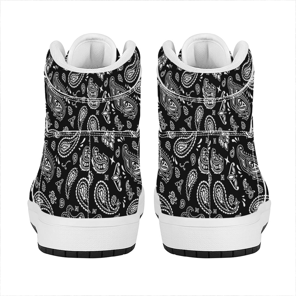 Black Paisley Bandana Pattern Print High Top Leather Sneakers
