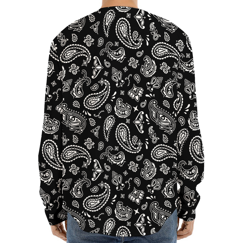 Black Paisley Bandana Pattern Print Long Sleeve Baseball Jersey