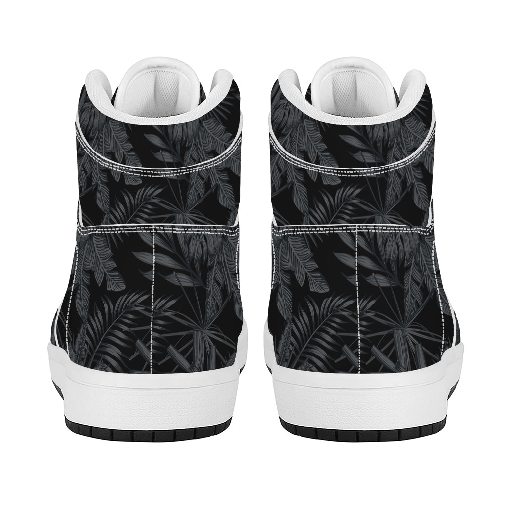 Black Palm Leaf Aloha Pattern Print High Top Leather Sneakers