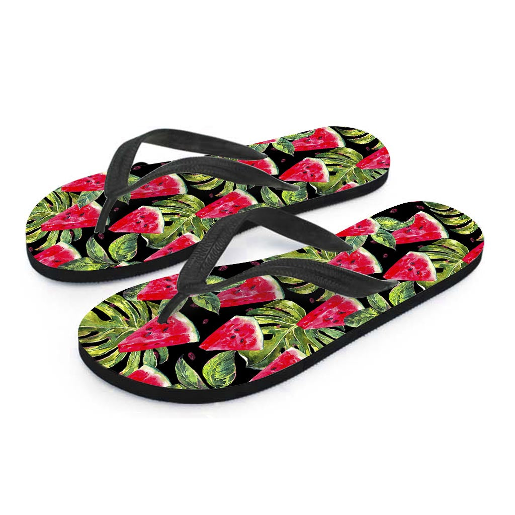 Black Palm Leaf Watermelon Pattern Print Flip Flops