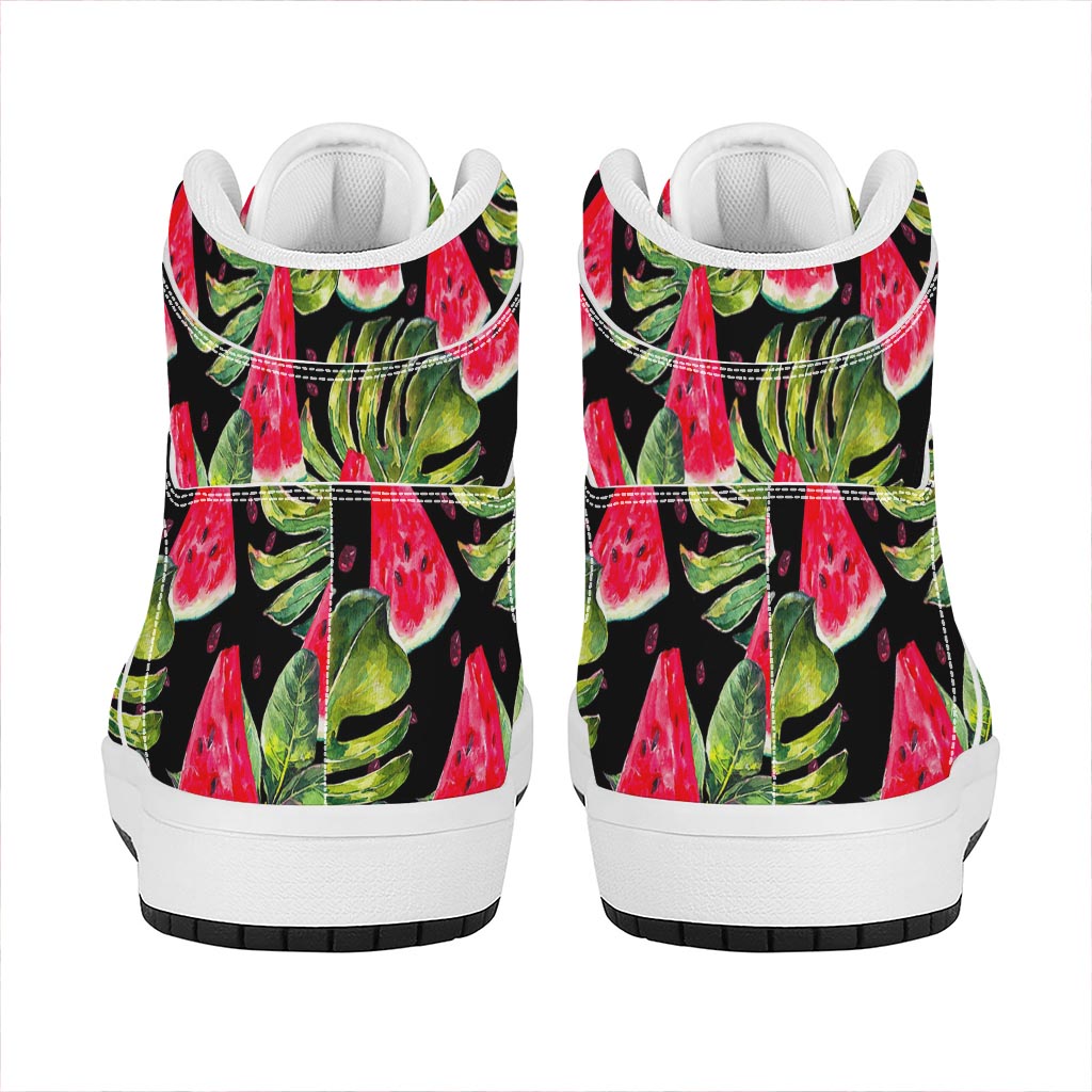 Black Palm Leaf Watermelon Pattern Print High Top Leather Sneakers