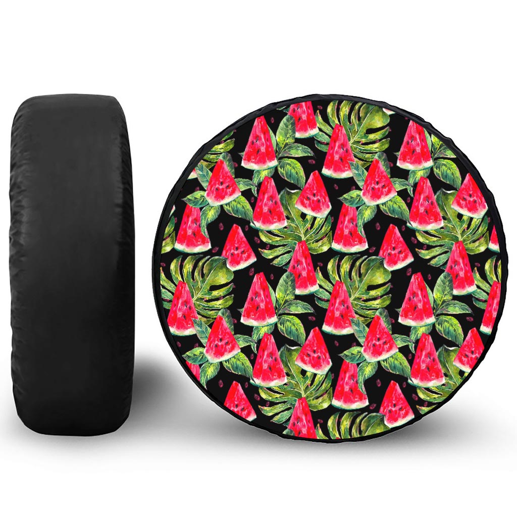Black Palm Leaf Watermelon Pattern Print Leather Spare Tire Cover