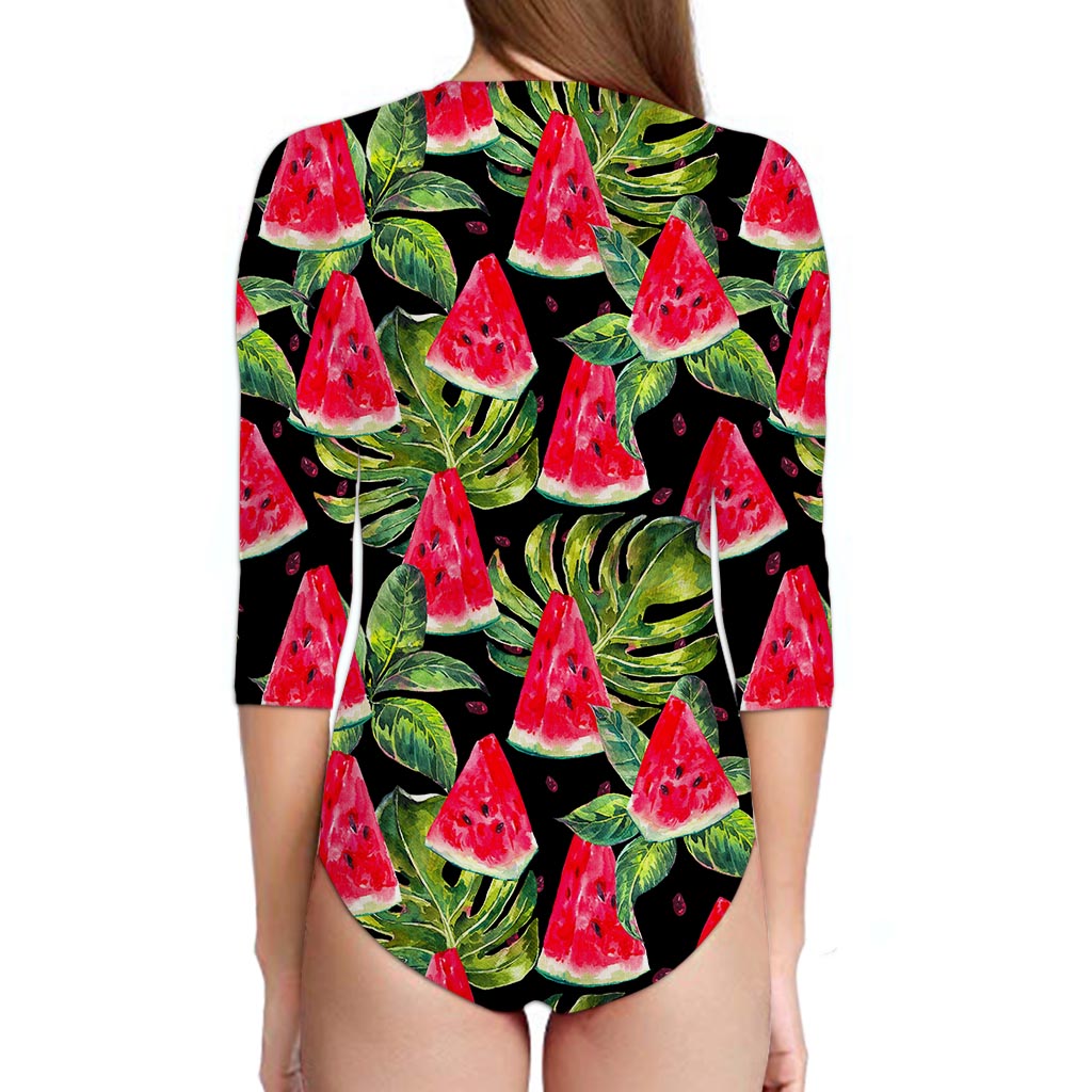 Black Palm Leaf Watermelon Pattern Print Long Sleeve Swimsuit
