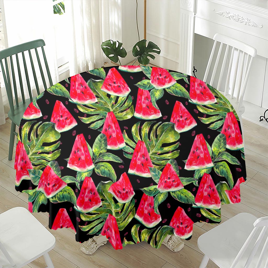 Black Palm Leaf Watermelon Pattern Print Waterproof Round Tablecloth