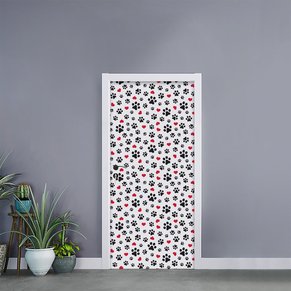 Black Paw And Heart Pattern Print Door Sticker